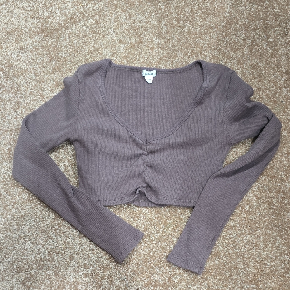 Garage Gray Ruched Long Sleeve Crop Blouse